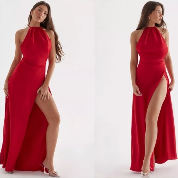House of CB Zanab Halter Thigh-Slit Maxi Dress – Red Rose, Size L NWT Satin - Picture 2 of 10